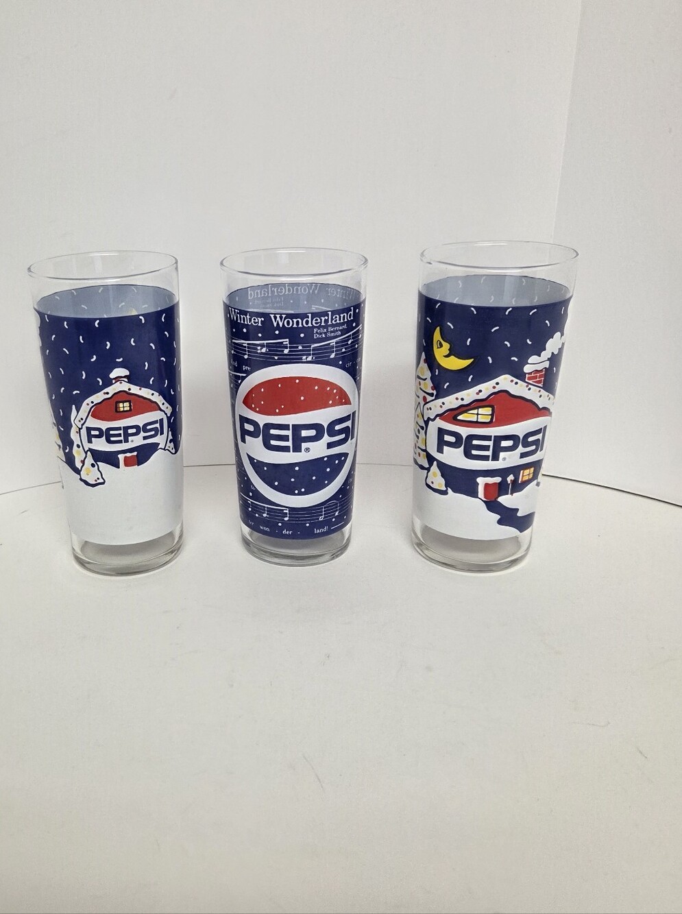 Pepsi Christmas Holiday Glasses Qty 3 Winter Wonderland Snowy House #0437